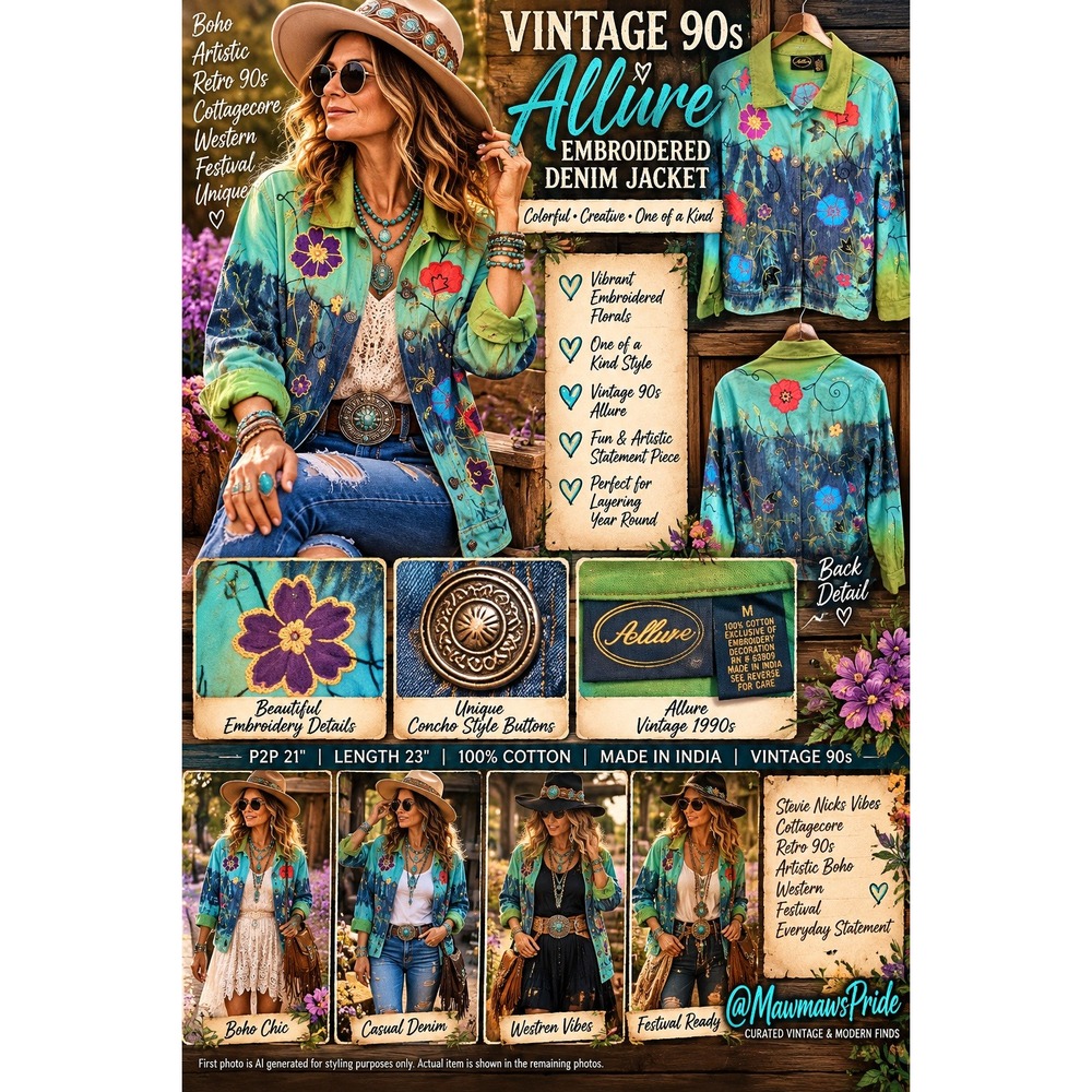 Vintage 90s Allure Embroidered Denim Jacket Boho Floral Tie Dye Blue Green M
